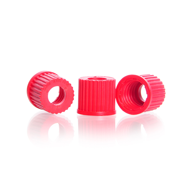 Screw cap in PBT with opening for tubing, GL 14, red, Duran