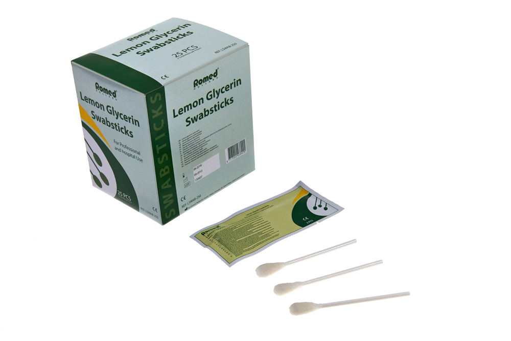 Lemon glycerine swab sticks, per 3 stuks in folie verpakt, Romed