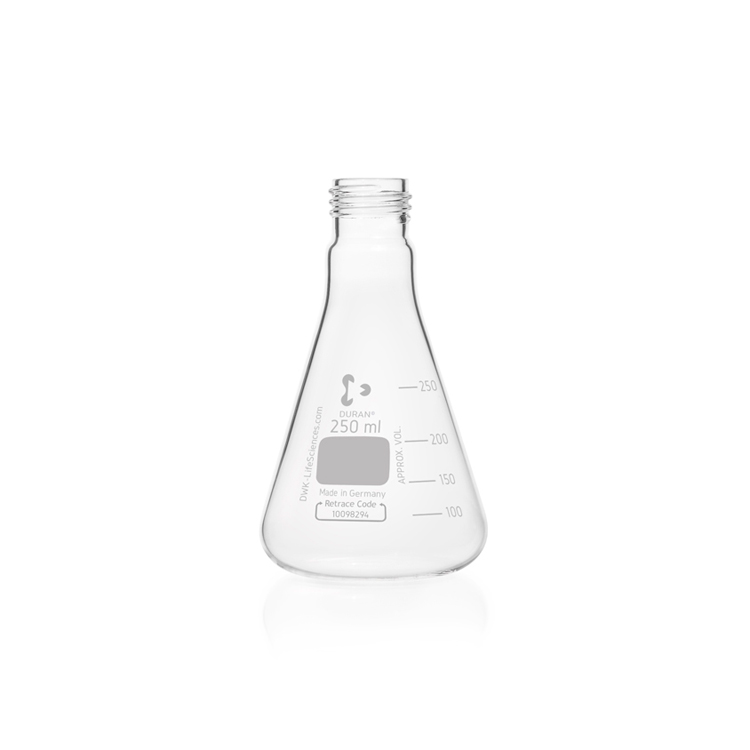 Fiole Erlenmeyer 250 ml avec graduation, col étroit, fond fin, GL 32, diamètre 85mm, hauteur 145mm, Duran