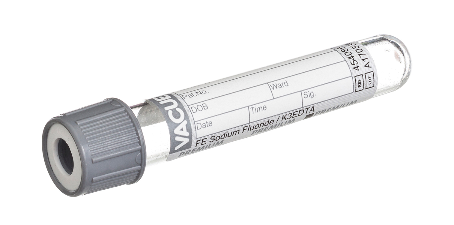 Vacuette tube 2ml, 75x13mm, sodium fluoride/EDTA K3, grey screw cap, paper label, paediatric draw, Greiner