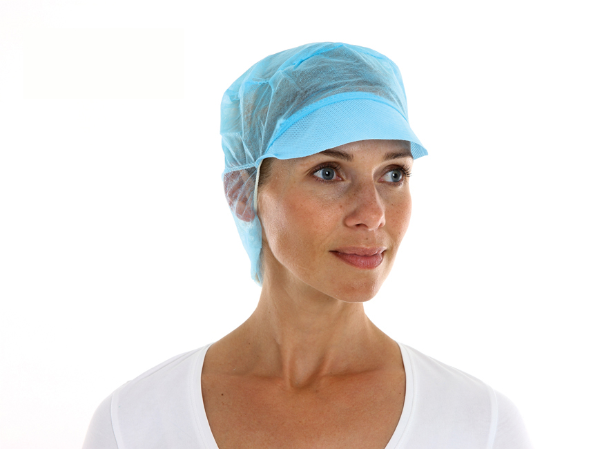 CMT casquette avec visière et avec récupération cheveux, bleu, pp non woven, en polybag