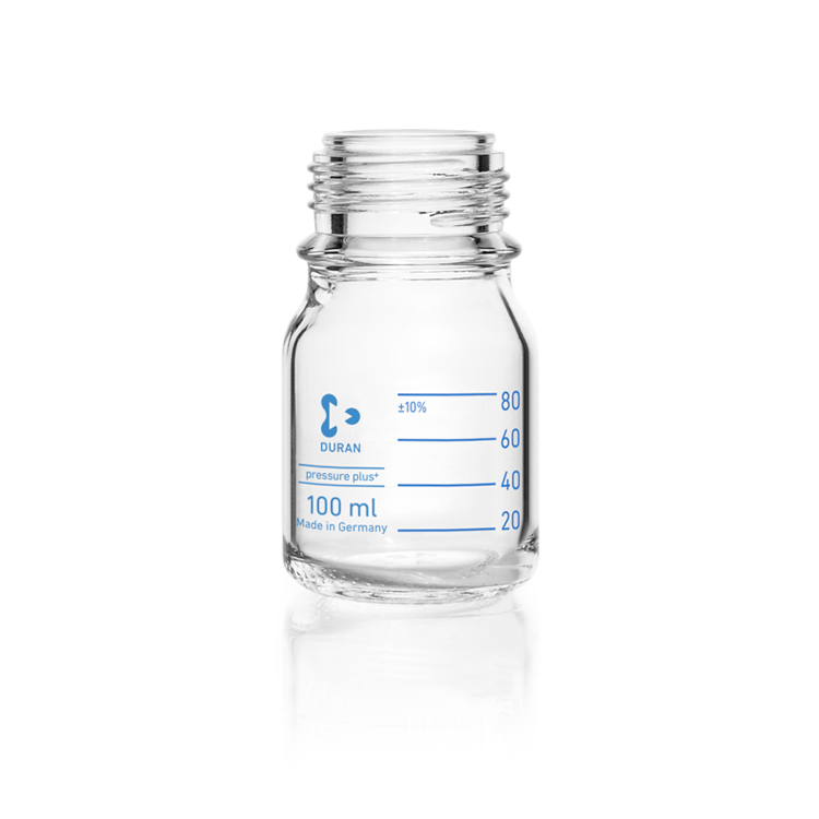 Pressure plus laboratory bottle 100ml transparant glass without screw cap + graduated, Duran