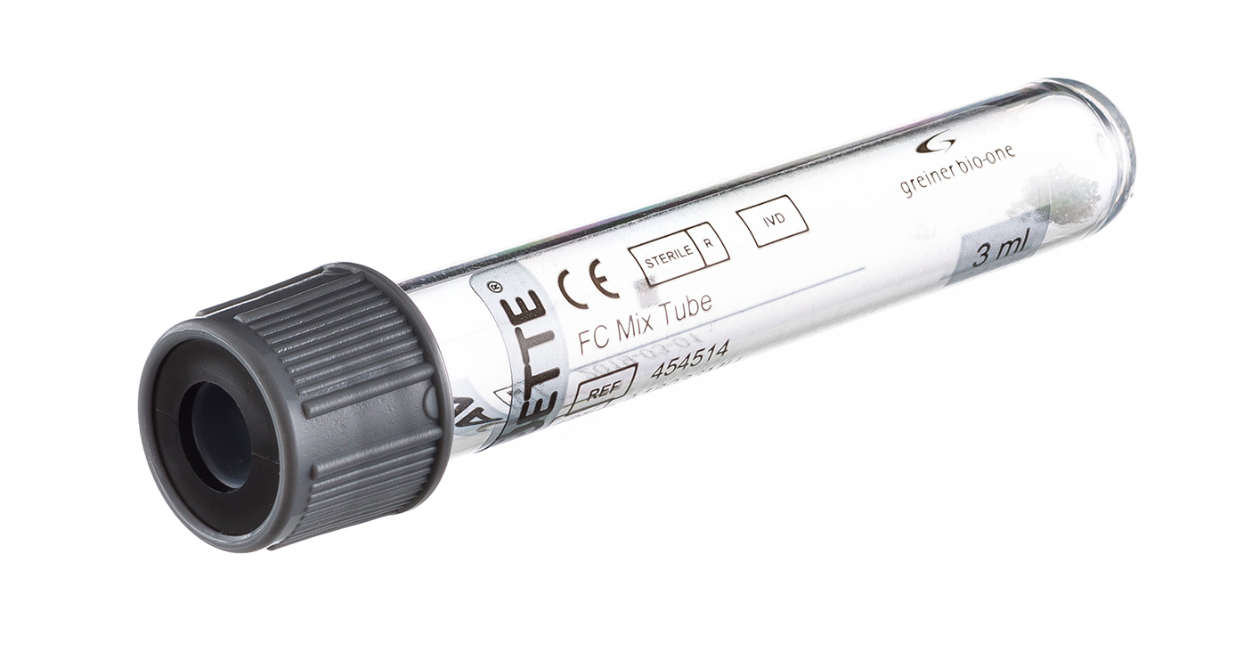 Vacuette tube 3ml, 75x13mm, FC Mix Tube, grey pressure cap with black ring, transparent label, Greiner