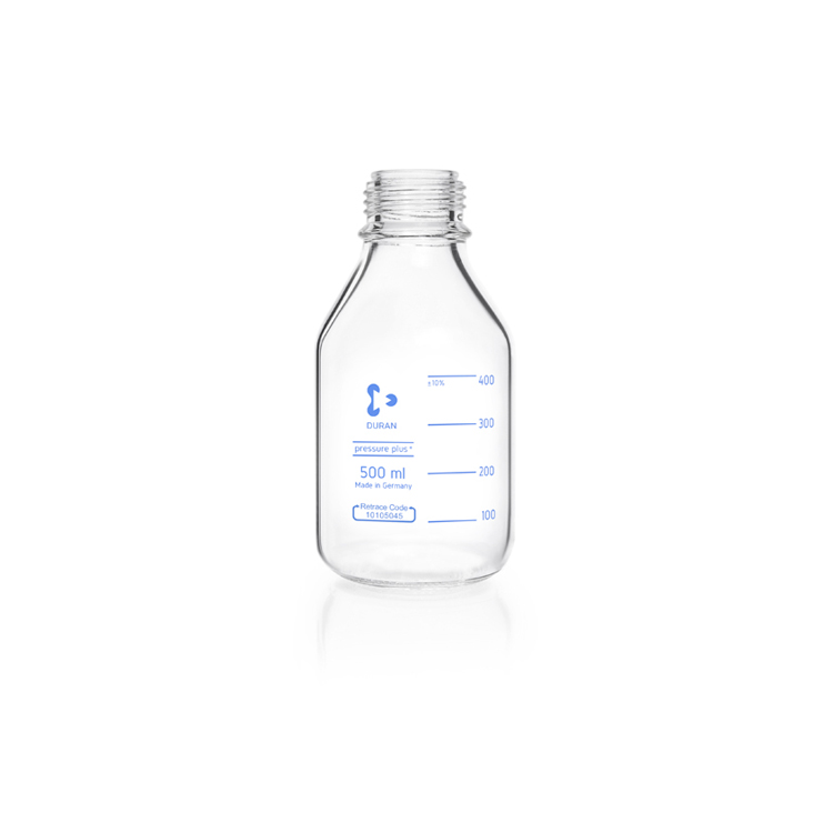 Pressure plus laboratory bottle 500ml transparent glass without screw cap + graduated, Duran