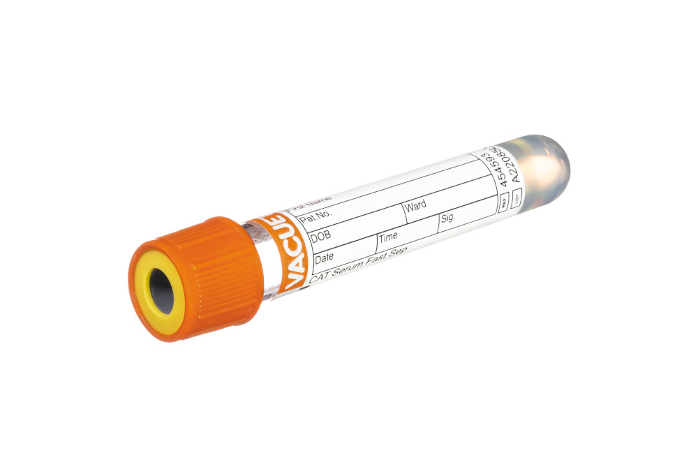 Vacuette tube cat serum fast separator, 3,5ml, 13x75, cap orange, anneau jaune, non-ridged, Greiner