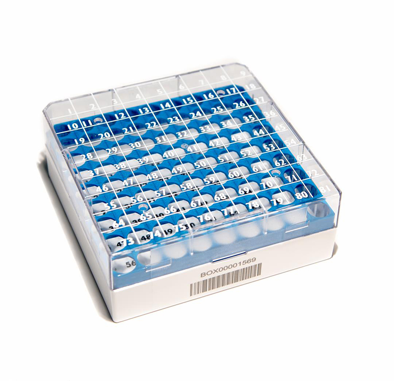 CryoGen 1D barcode box in pc for 81 1,2/2ml tubes, 132x132mm, blue + writing area Biosigma