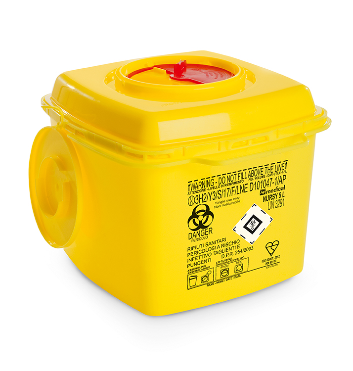 Sharps Container Nursy Line, square, yellow/red,  5 liter,  22 x 22 x 21 cm, AP Medical