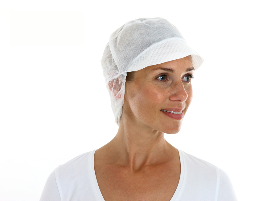 CMT casquette avec visière et avec récupération cheveux, pp non woven, bleu, en polybag