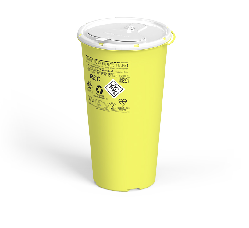 Sharps Container Line Dispo, round, yellow/white,  2,5 liter, diam. 14cm x 24cm height, eco recycled, AP Medical