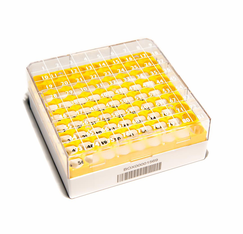 CryoGen 1D barcode box in pc for 81 1,2/2ml tubes, 132x132mm, yellow + writing area Biosigma