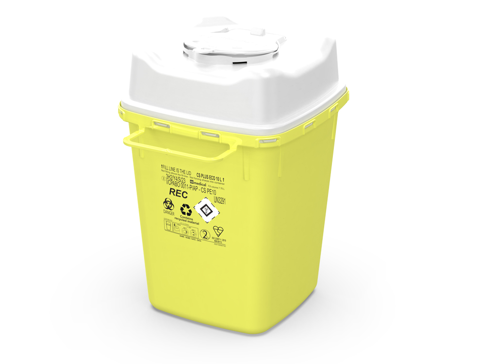 Sharps Container CS Plus Line, square, yellow/white, 10 liter, 22 x 22 x 32,5cm, eco recycled, AP Medical