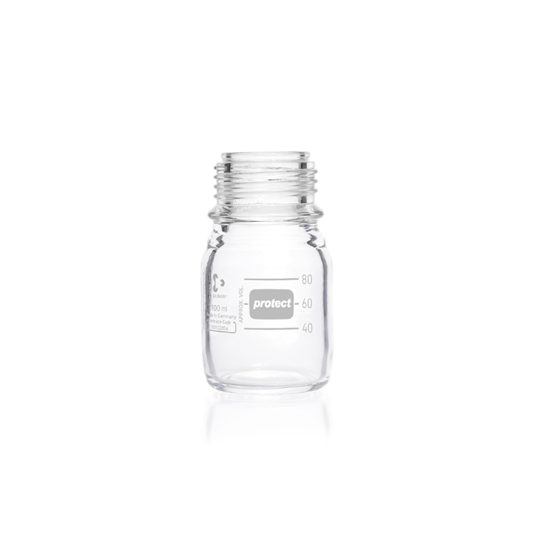 Laboratory glass bottle protect, 100 ml, plastic coated (PU), GL 45, without screw cap and pouring ring, Duran