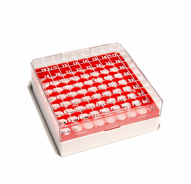 CryoGen doos in pc voor 81 1,2/2ml buisjes, 132x132mm, rood raster + schrijfzone Biosigma