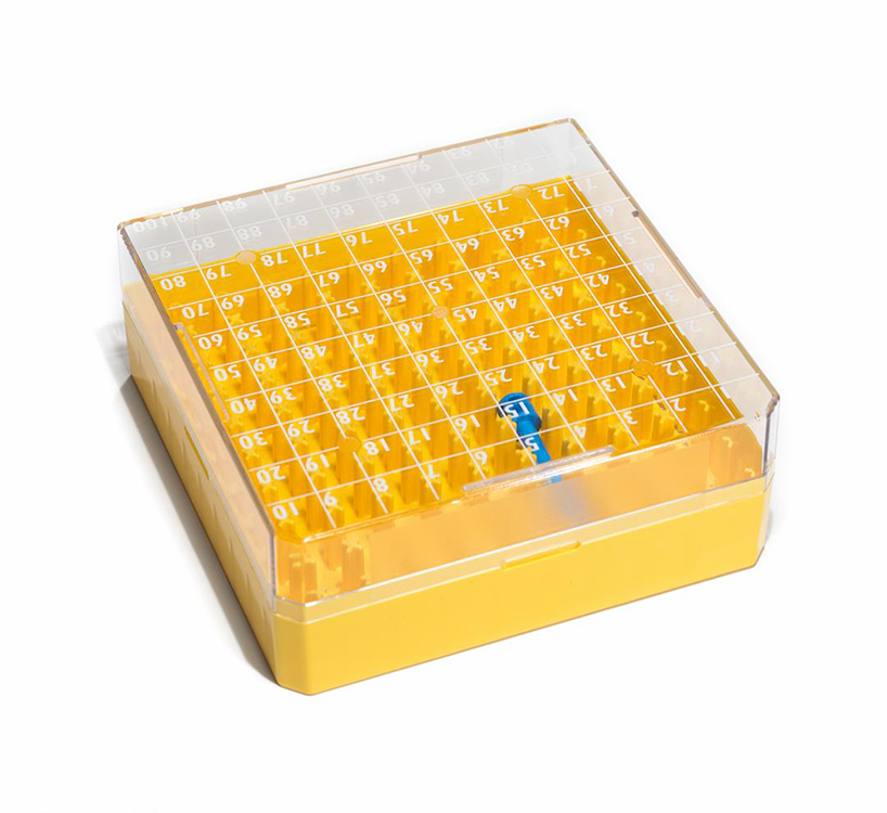 CryoGen boîte en pc pour 100 1,2/2ml tubes, 132x132mm, jaune Biosigma