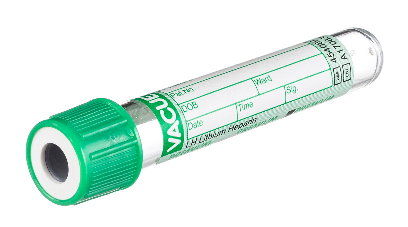 Vacuette tube 2ml, 75x13mm, lithium heparin, green screw cap, paper label, pediatric, Greiner