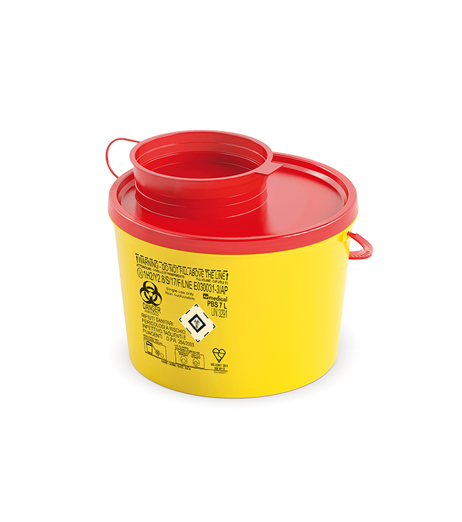 Naaldcontainer PBS Line, rond, geel/rood, 7 liter, 25 x 19,5 cm, AP Medical