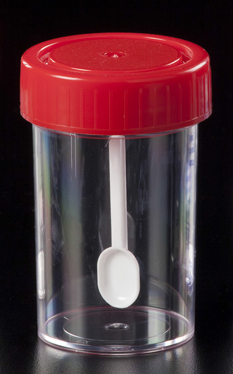 Beaker 60ml ps mounted + spoon + red stopper aseptic Deltalab