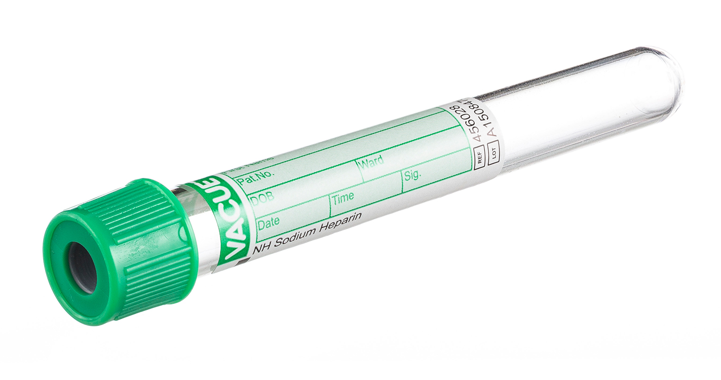 Vacuette tube 6ml, 100x13mm, sodium heparin, green pressure cap with black ring, Greiner