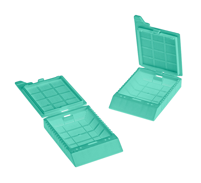 SuperFlo micro biopsie cassette, 1 compartiment with lid aqua, Simport