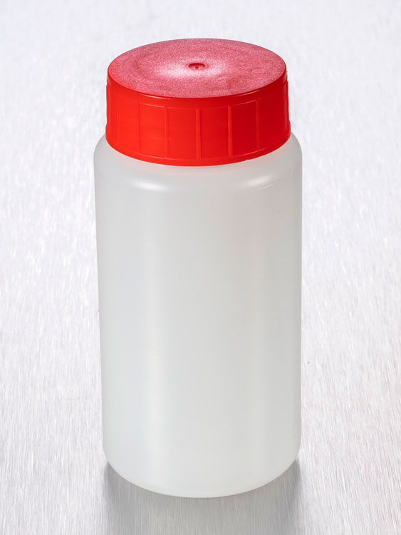 Container 150ml HDPE round simple closure + red cap, steriel, Gosselin