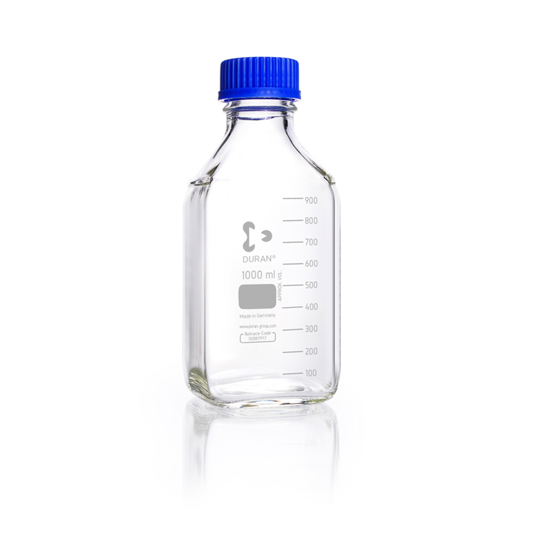 Laboratory bottle square 1000ml, GL 45, with pouring ring + screw cap, with graduation, Duran