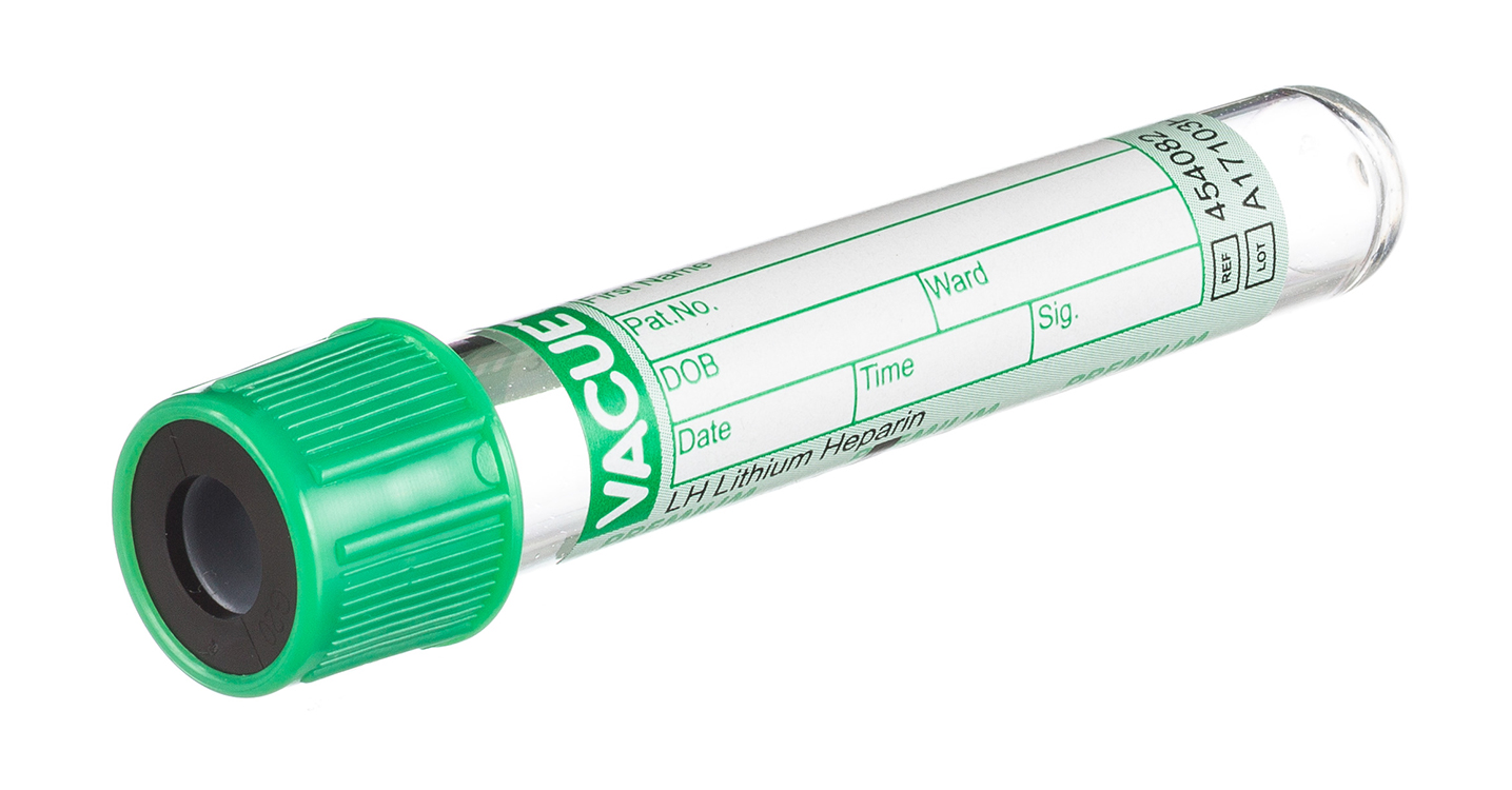 Vacuette tube 3ml, 75x13mm, lithium heparin, green screw cap, paper label, Greiner