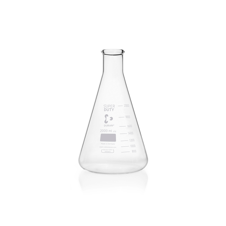 Erlenmeyer Super Duty 2000ml, met versterkte rand, smalle hals en graduatie Duran