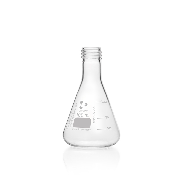 Fiole Erlenmeyer 100 ml avec graduation, col étroit, fond fin, GL 25, diamètre 64mm, hauteur 105mm, Duran