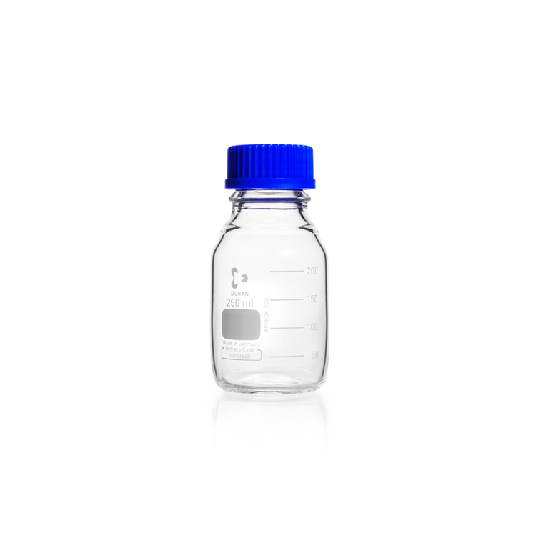 Laboratory bottle, clear, graduated, GL 45, with screw cap (PP), 250 ml Duran