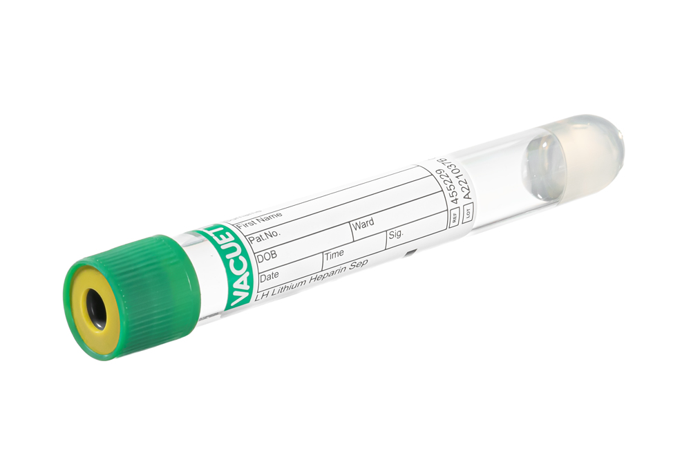 Vacuette tube 4ml, 100x16mm, lithium heparin + separator gel, green pressure cap with yellow ring, low vacuum tube, Greiner