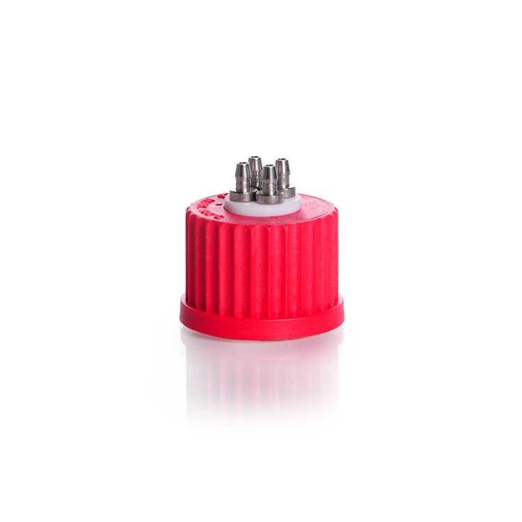 Duran bouchon à vis GL25 avec 4 ports de raccordement, rouge, avec insert PTFE