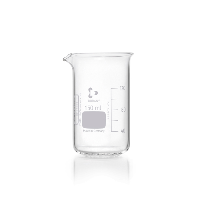 Beaker tall form with graduation and spout 150ml Duran