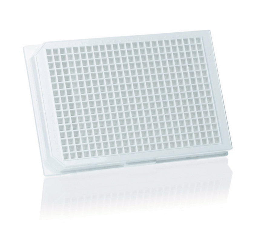 Plaque microtitre 384 F-well cellGrade 120µl, blanc, fond transparent, polystyrène, avec couvercle, stérile, Brand