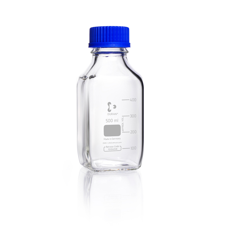 Laboratory bottle square 500ml, GL 45, with pouring ring + screw cap, with graduation, Duran