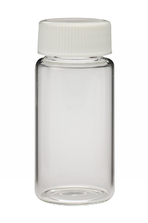 Scintillation vial 20ml, helder glas, witte polyethyleen metal schroefdop 22-400, diam.28mm x 61mm hoog, Wheaton