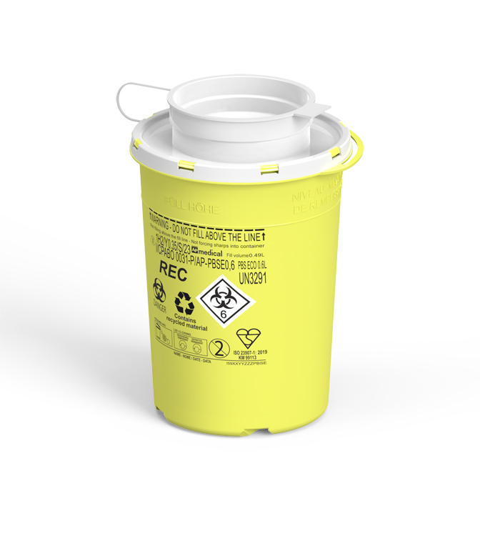 Sharps Container PBS Line, round, yellow/white, 0,6 liter, Ø 10cm x 14,5cm height, eco recycled, AP Medical