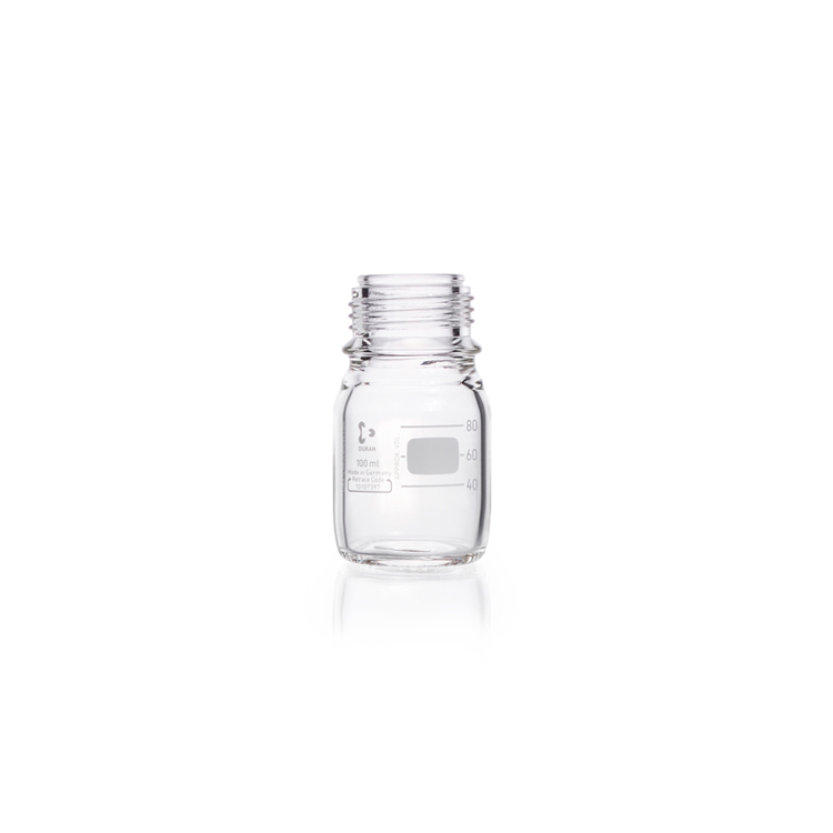 Laboratory bottle, clear, graduated, GL 45, without cap and without pouring ring, 100 ml Duran