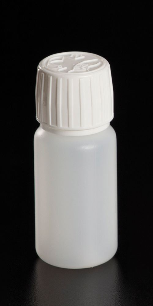 Conteneur HDPE, 60ml, naturel, avec blanc cap à vis/pression, security cap, hauteur 94mm, Deltalab