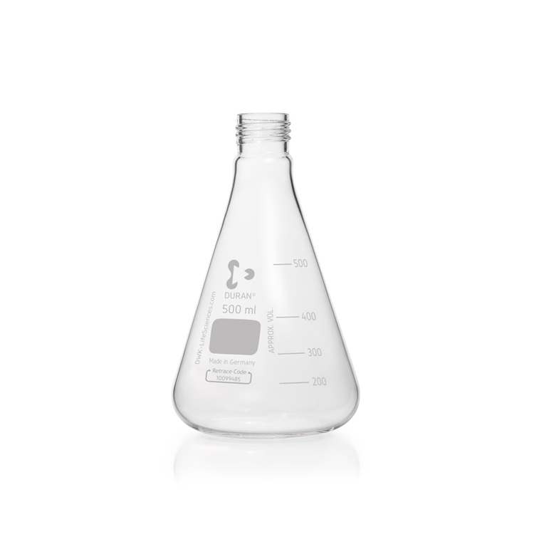 Fiole Erlenmeyer 500 ml avec graduation, col étroit, fond fin, GL 32, diamètre 105mm, hauteur 175mm, Duran