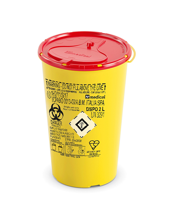 Sharps Container Line Dispo, rond, jaune/rouge, 2 liter, diam. 14cm x 21,2cm hauteur, AP Medical