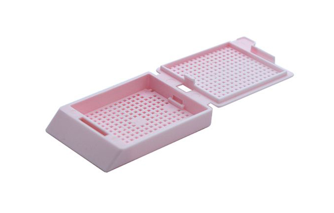 System III Biopsy cassette, with hinged lid, preloaded, pink, Cellpath, for Leica/Sakura printer