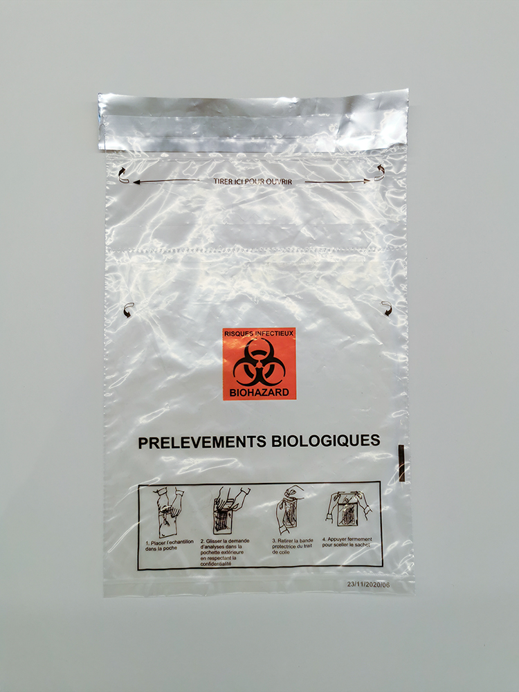 Safety bag 165x265mm, transparent + adhesif strip + perforations, printed with biohasard logo, double pouch, french printing