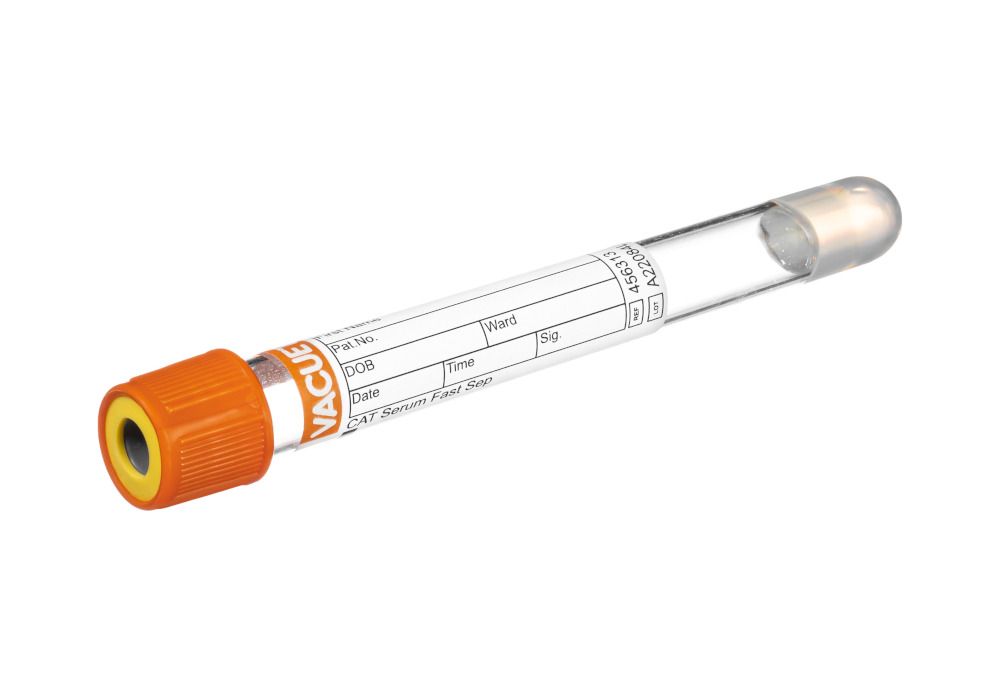 Vacuette cat serum fast separator, 5ml, 13x100, cap orange, anneau jaune, non-ridged, Greiner