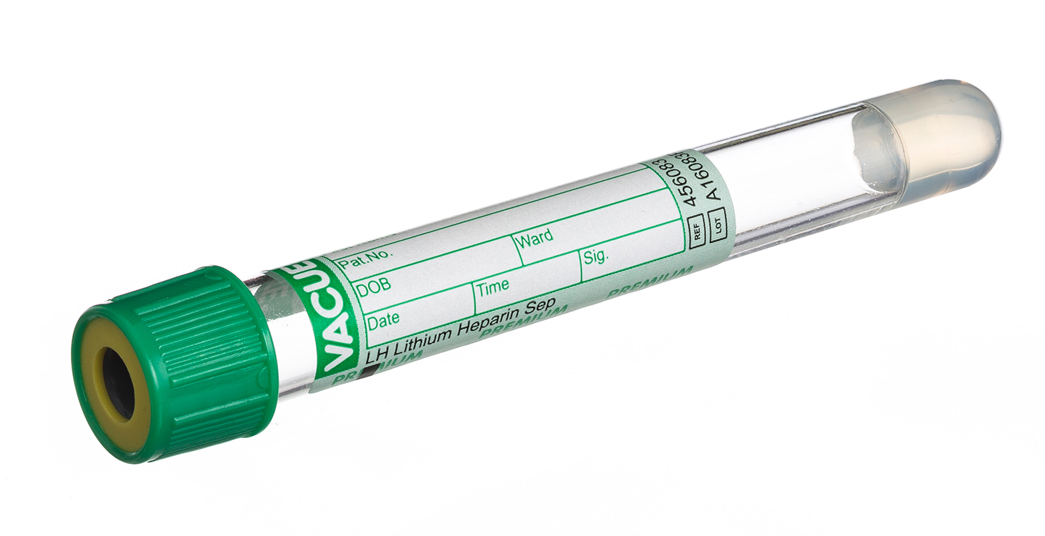 Vacuette tube 5ml, 100x13mm, bouchon à vis vert, héparine de lithium et gel, étiquette en papier, Greiner