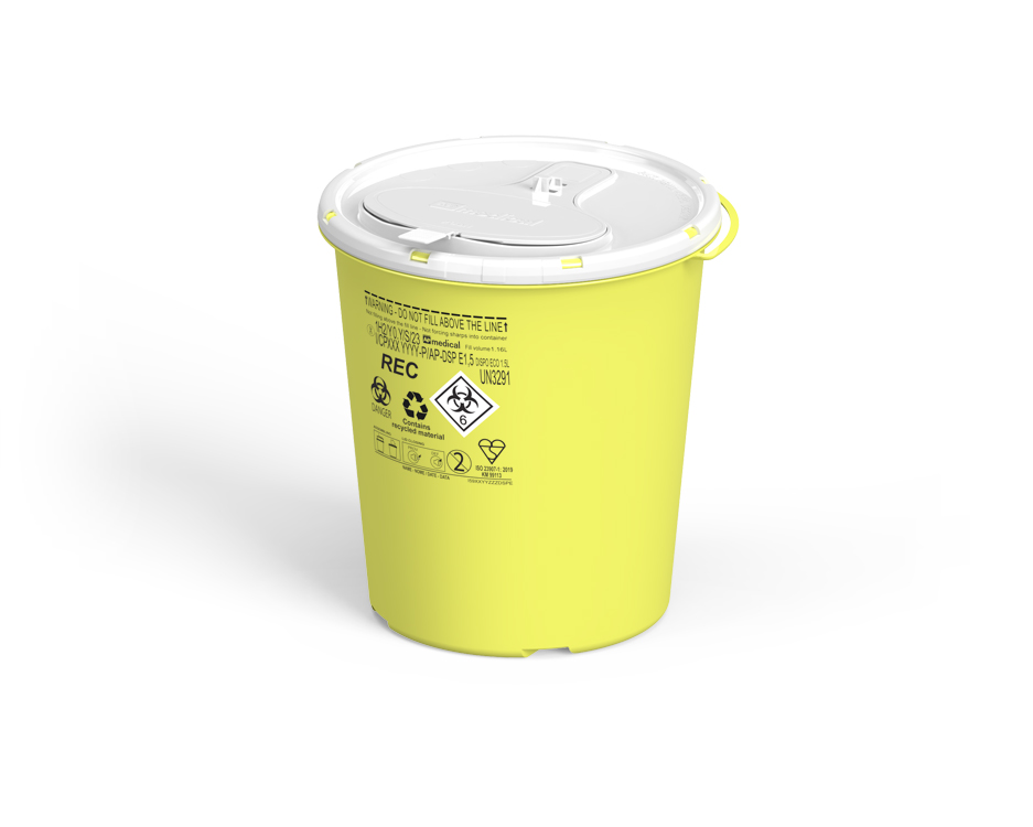 Sharps Container Line Dispo, round, yellow/white, 1,5 liter, diam. 14cm x 15,5cm height, eco recycled, AP Medical