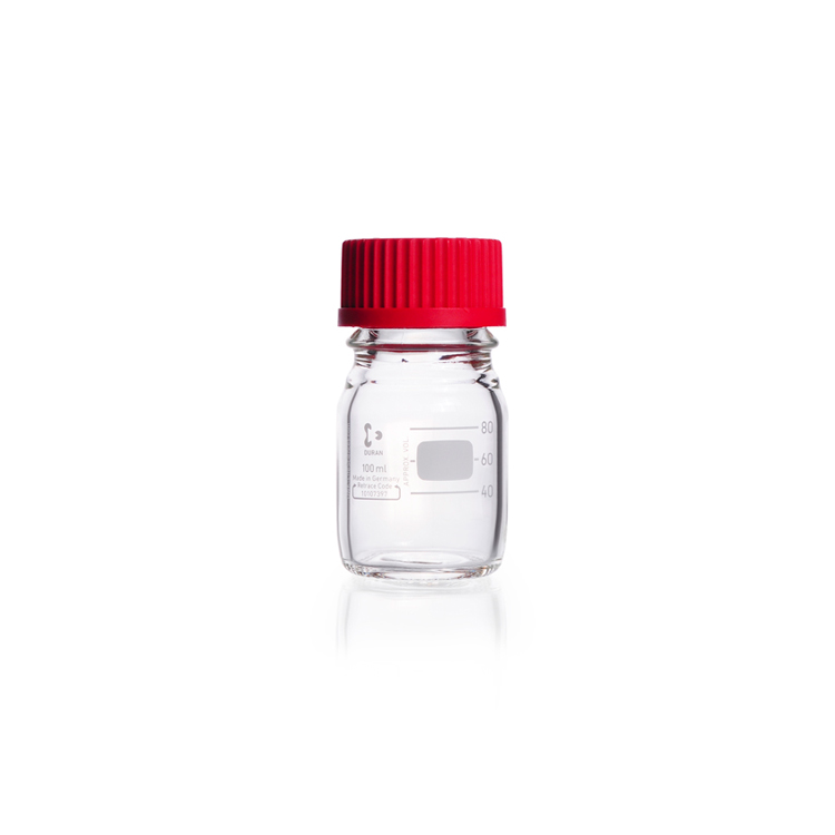 Laboratory bottle, 100ml, clear, graduated, GL 45, with red PBT screw cap and ETFE pouring ring, Duran