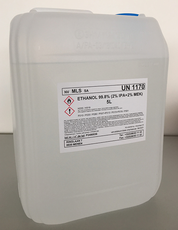 5L Ethanol 99,8% , 2% Isopropanol, 2% Methylethyl ketone, recipiënt en plastique