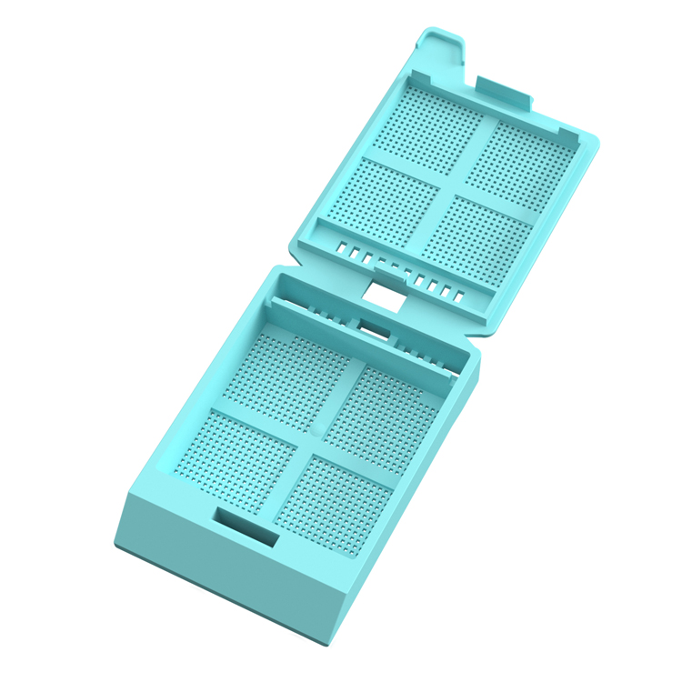 System III Micro Biopsy cassette, with hinged lid, preloaded, turquoise,Cellpath, for Leica/Sakura printer