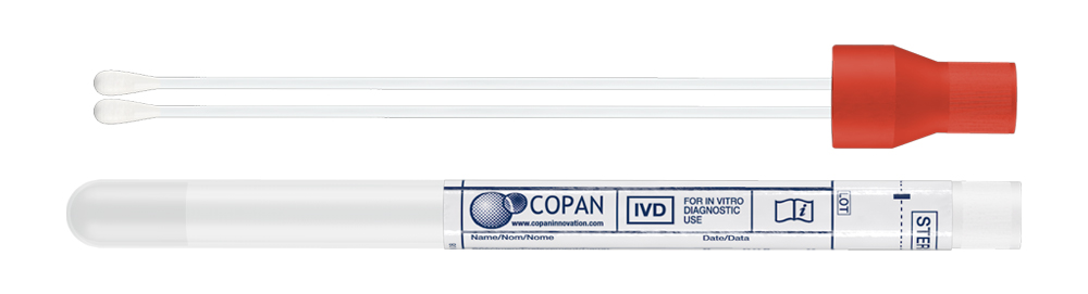 Dual swab Stuart liquid, plastic applicator, red cap, Copan