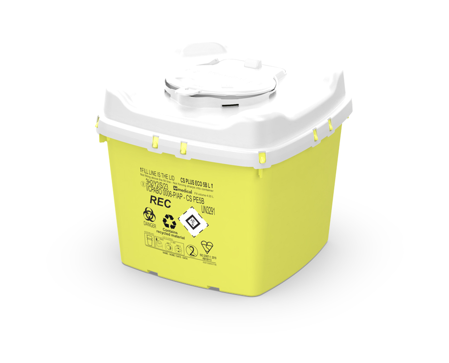 Sharps Container CS Plus Line, square, yellow/white, 5 liter, 16,7 x 16,7 x 30cm, version eco recycled, AP Medical